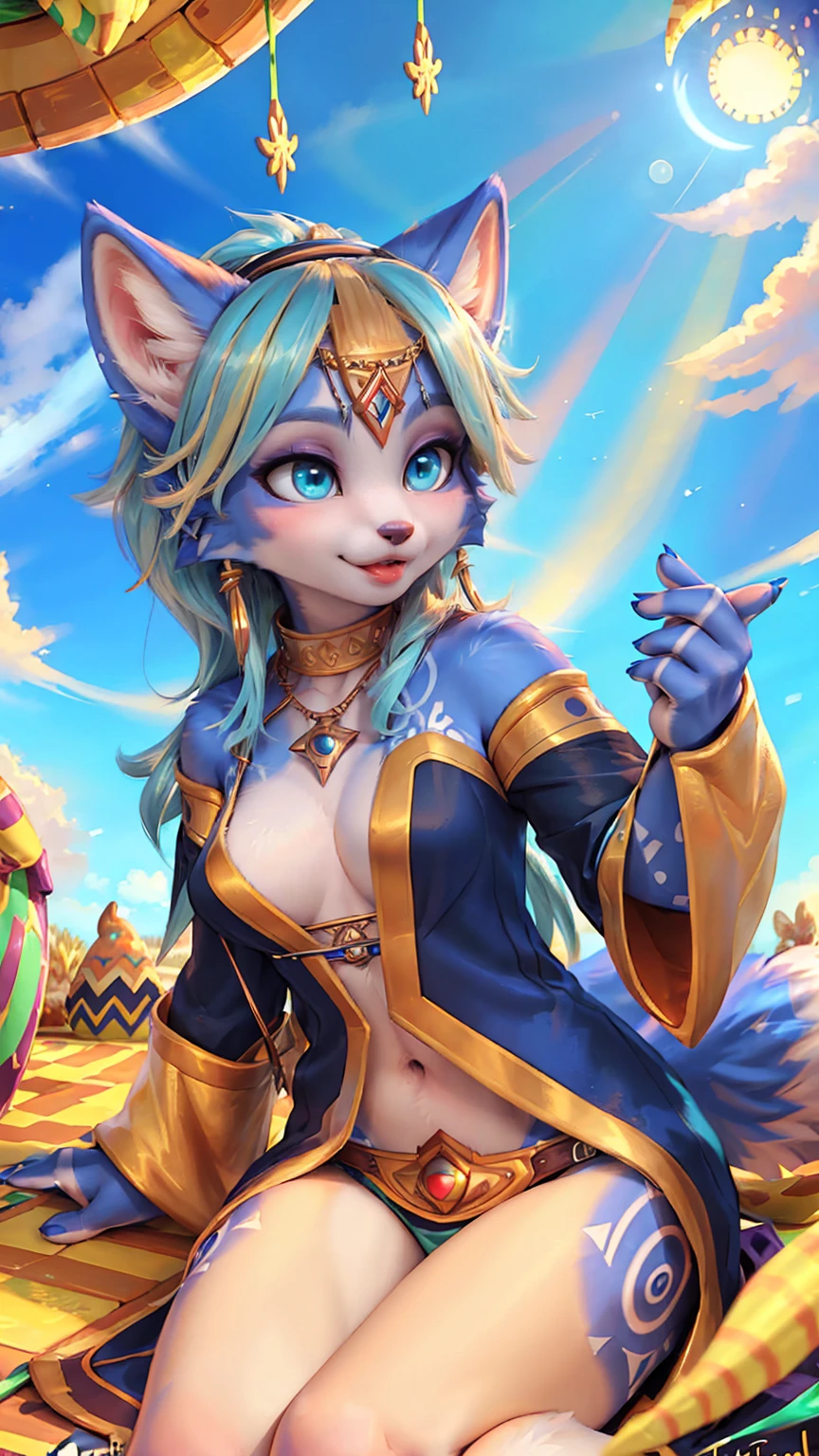 A beautiful and detailed (sweet picture) of ((Krystal)), Star Fox Krystal,  green eyes, medium breasts, (((Long blue hair 1.3))),  anthro, furry, (of Fluff-Kevlar, Bayard Wu, Personalami, Pino Daeni),  detailed fluffy fur, detailed face, (fluffy), 1 girl, alone, Haare bedecken ein Auge:1.4, (((geht über ein Feld mit hohem Gras :1.3))), (((schaut in den himmel:1.4))),