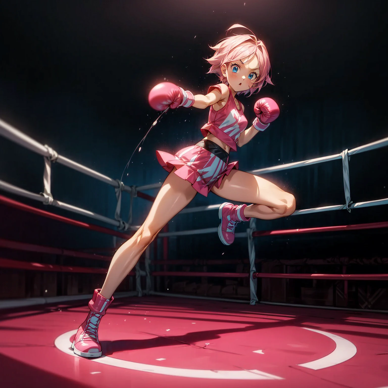 1girl, Full body version, 1character, blue eyes, short haircut, pink color hair, boxing style outfit, Boots, Grassroots, full background in ring boxing, motion blur, (Hunter x Hunter style art), battle gesture, Boxing gloves