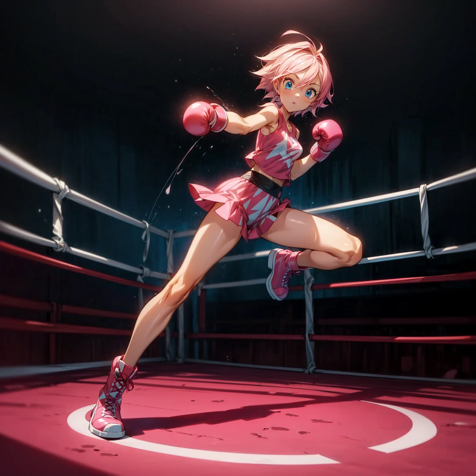 1girl, Full body version, 1character, blue eyes, short haircut, pink color hair, boxing style outfit, Boots, Grassroots, full background in ring boxing, motion blur, (Hunter x Hunter style art), battle gesture, Boxing gloves