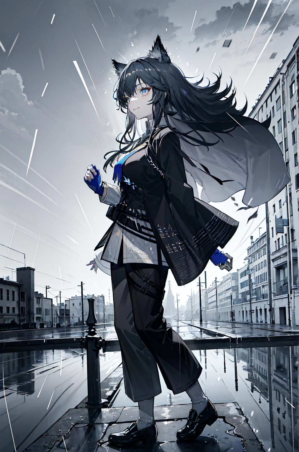 A masterpiece, best quality, Illustration style,
bridges_arknights,smile, Anime Girl, beautiful eyes, summer, Wide leg pants, sunglasses,small, Heartwarming, Youthful and beautiful,, Black and white,, showing a natural casual style. Dynamic posture contains the golden ratio, Large aperture portrait, White space, Strong contrast between light and shadow, Super texture, Super clear and concise pictures, presenting extremely beautiful, Elegant temperament, subtle facial expressions, City background, rain, Road area water reflection,one person