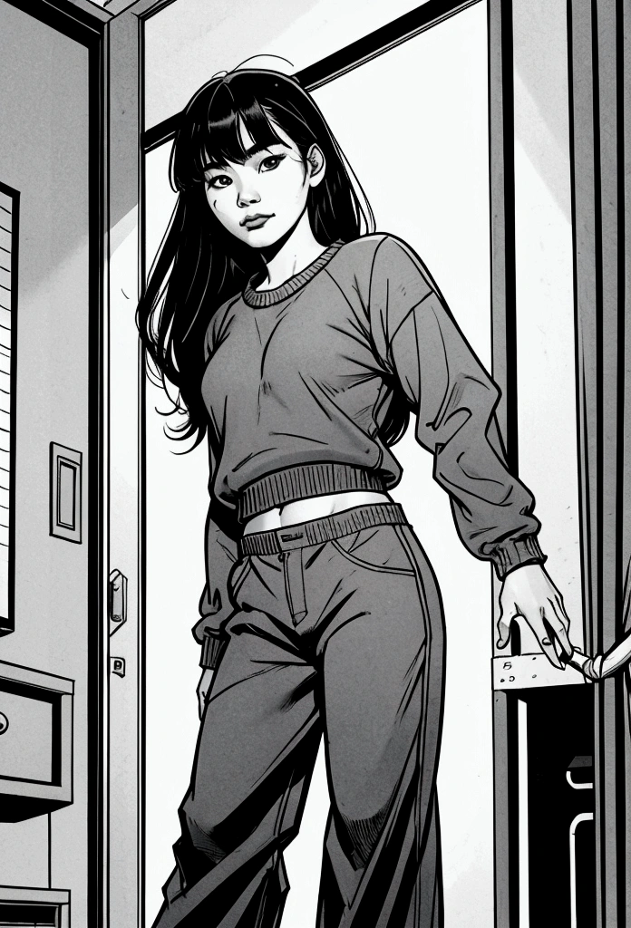 Beautiful American Chinese girl, Katie Leung with bangs, long hair, 19 years, barely smiles, home clothes: gray sweater, longpants, black trousers; American comic style image