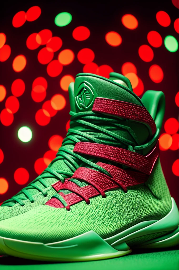 "Create a pair of Kobe Bryant signature basketball shoes designed specifically for Christmas. The shoes should feature a festive green color as the primary base, accented with holiday-themed elements such as gold detailing and red highlights. The design should incorporate Kobe Bryant's iconic logo and number, with a focus on combining holiday spirit with a sleek, modern athletic aesthetic. Consider incorporating subtle snowflake patterns or Christmas lights for an extra festive touch. The shoes should be both stylish and functional, suitable for both on-court performance and off-court wear during the holiday season."