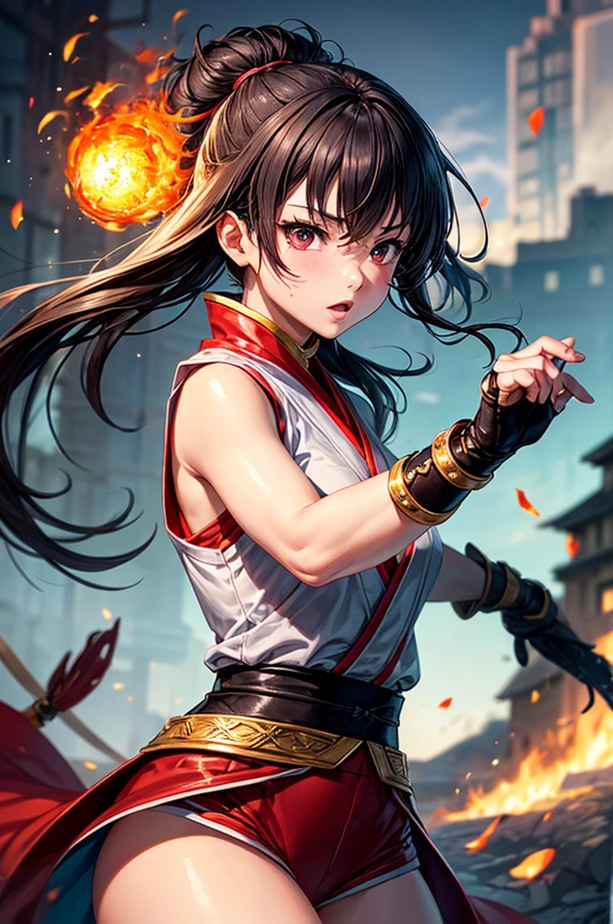 (masterpiece, best quality, ultra detailed), 1girl, kunoichi, Breathes fire、fireball