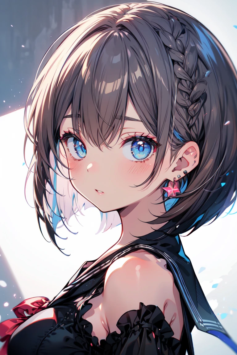 (best quality), (Super detailed), (Best Illustration), (masterpiece), score_9, score_8_up, score_7_up, (4k), (1woman), (white serafuku), (large breasts), {brown hair, (sideburns), (bob cut:1.3), curly hair, hairs between eyes, colored inner hair}, blue eyes, parted lips, expressionless, blush, earring,