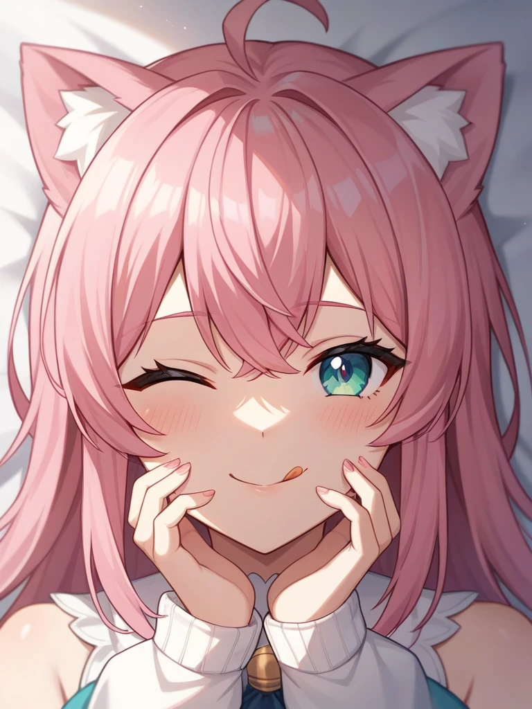 Adult, Female, long pink hair, winking, smiling, tongue out, vtuber, otaku bedroom, Masterpiece, Accurate, Anatomically Correct, Best Quality, High Details, Detail, Super Detailed, Best detail, Perfect detail, Amazing detail, [-3, 3], perfect hands, best hands, best fingers, perfect fingers, perfect body, best body, amazing body, Looking at viewer, front facing, upper body shot, Cat Ears, Close-Up, 