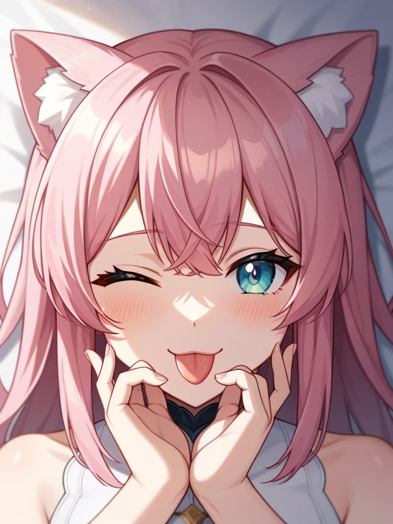 Adult, Female, long pink hair, winking, smiling, tongue out, vtuber, otaku bedroom, Masterpiece, Accurate, Anatomically Correct, Best Quality, High Details, Detail, Super Detailed, Best detail, Perfect detail, Amazing detail, [-3, 3], perfect hands, best hands, best fingers, perfect fingers, perfect body, best body, amazing body, Looking at viewer, front facing, upper body shot, Cat Ears, Close-Up, 