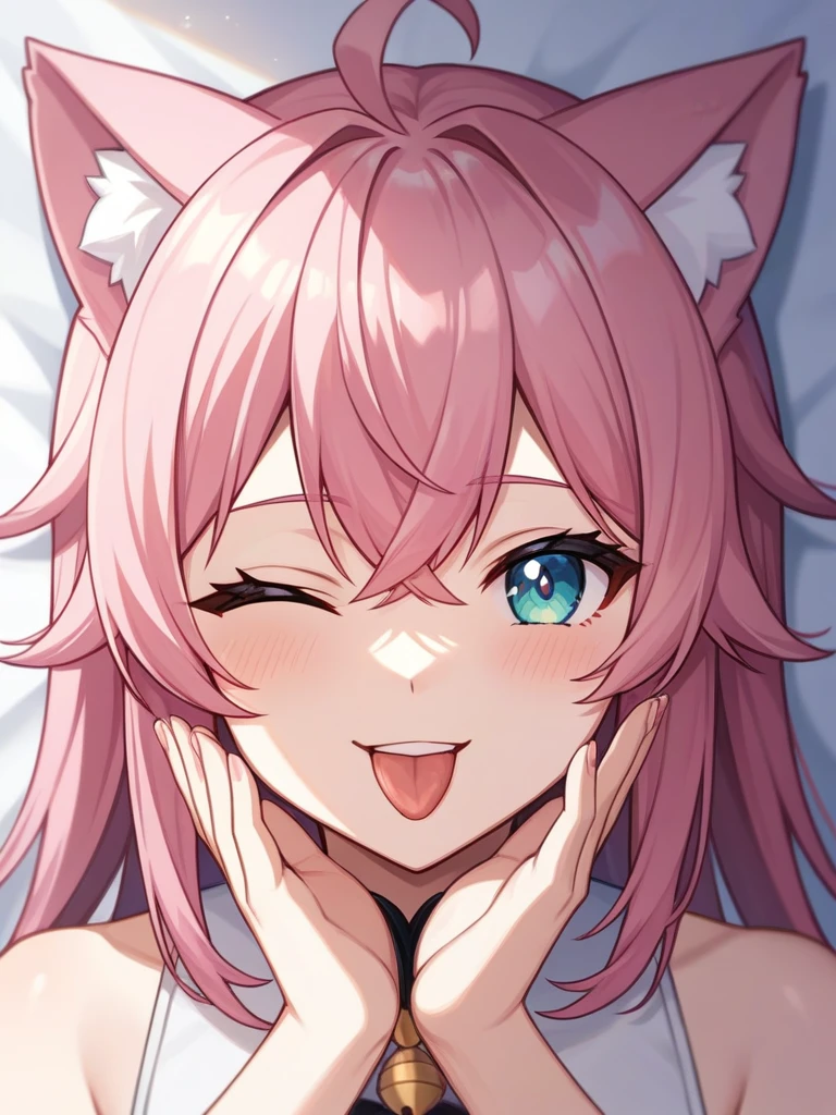 Adult, Female, long pink hair, winking, smiling, tongue out, vtuber, otaku bedroom, Masterpiece, Accurate, Anatomically Correct, Best Quality, High Details, Detail, Super Detailed, Best detail, Perfect detail, Amazing detail, [-3, 3], perfect hands, best hands, best fingers, perfect fingers, perfect body, best body, amazing body, Looking at viewer, front facing, upper body shot, Cat Ears, Close-Up, 