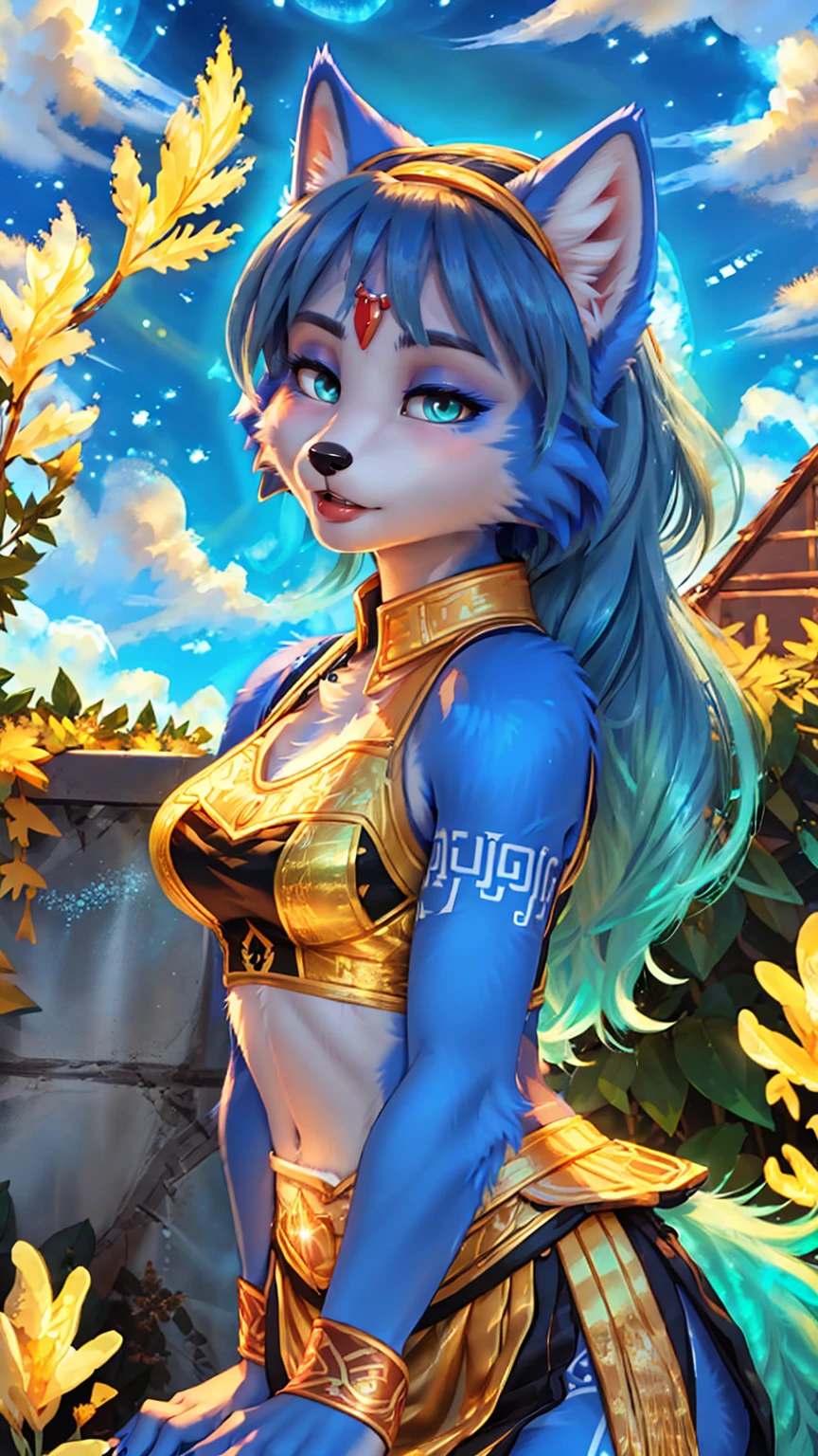 A beautiful and detailed (sweet picture) of ((Krystal)), Star Fox Krystal, green eyes, medium breasts, (((Long blue hair 1.3))), anthro, furry, (of Fluff-Kevlar, Bayard Wu, Personalami, Pino Daeni), detailed fluffy fur, detailed face, (fluffy), 1 girl, alone, Haare bedecken ein Auge:1.4, (((geht über ein Feld mit hohem Gras :1.3))), (((schaut in den himmel:1.4))),