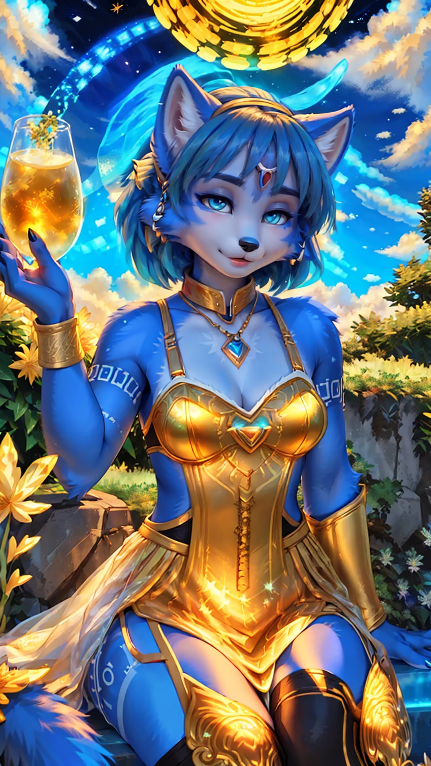 A beautiful and detailed (sweet picture) of ((Krystal)), Star Fox Krystal,  green eyes, medium breasts, (((Long blue hair 1.3))),  anthro, furry, (of Fluff-Kevlar, Bayard Wu, Personalami, Pino Daeni),  detailed fluffy fur, detailed face, (fluffy), 1 girl, alone, Haare bedecken ein Auge:1.4, (((geht über ein Feld mit hohem Gras :1.3))), (((schaut in den himmel:1.4))),