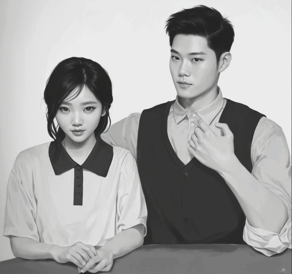 There are black and white photographs of men and women., Artwork in the style of gouache, High quality fan art, Inspired by Sim Sa Jung, Inspiration from Xiao Yunkong, Couple poses, Realistic art style, Inspiration from Kim Deuksin, Inspired by Russell Dongjun Lu, Inspiration from Yan Juncheng, digital sketch, Inspiration from Wang Lue