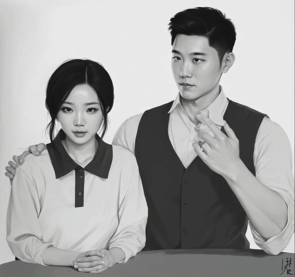 There are black and white photographs of men and women., Artwork in the style of gouache, High quality fan art, Inspired by Sim Sa Jung, Inspiration from Xiao Yunkong, Couple poses, Realistic art style, Inspiration from Kim Deuksin, Inspired by Russell Dongjun Lu, Inspiration from Yan Juncheng, digital sketch, Inspiration from Wang Lue