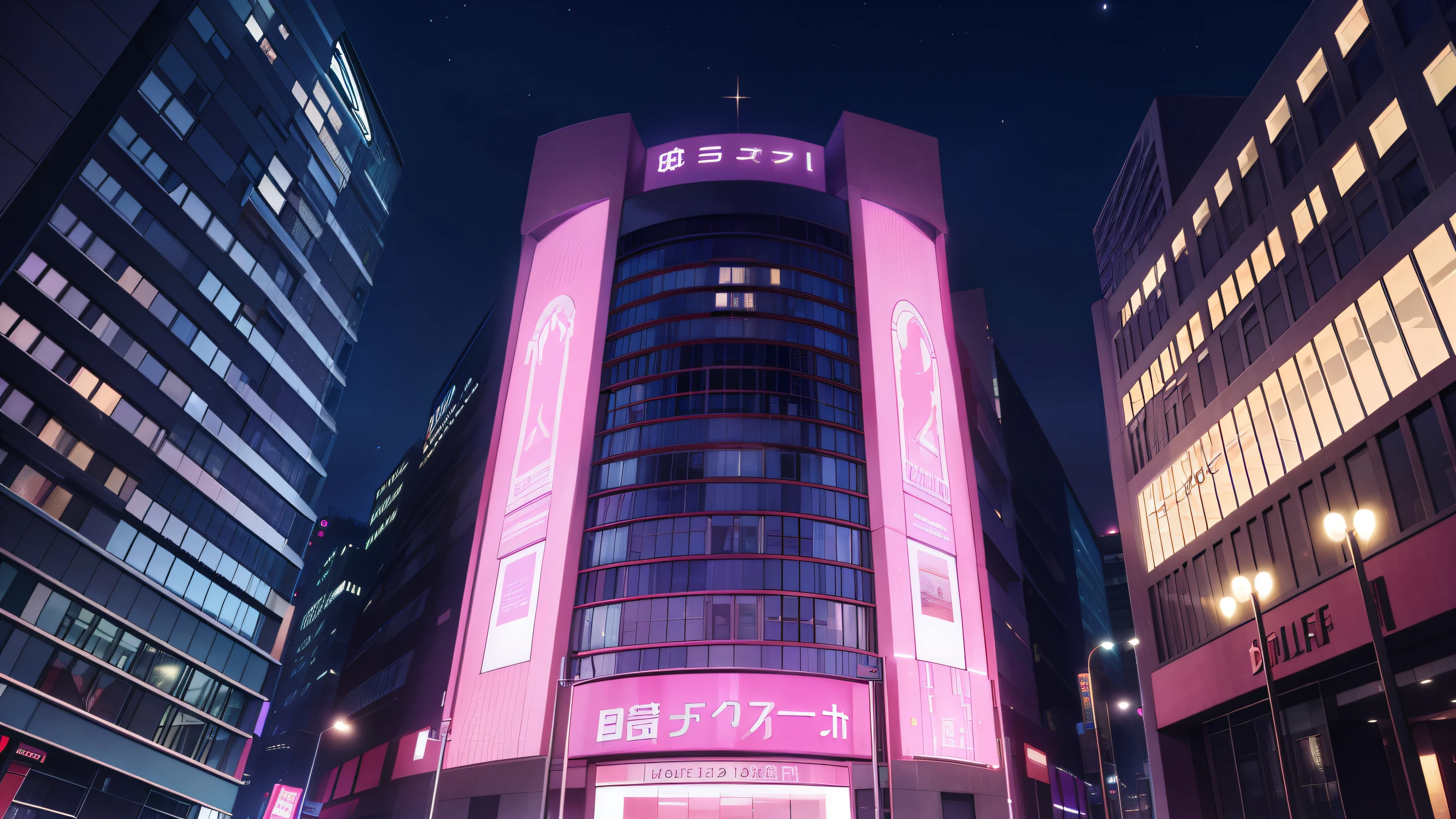 Entrance to a very big bordel, well lit, night, multi-story building, signs, very pink night sky