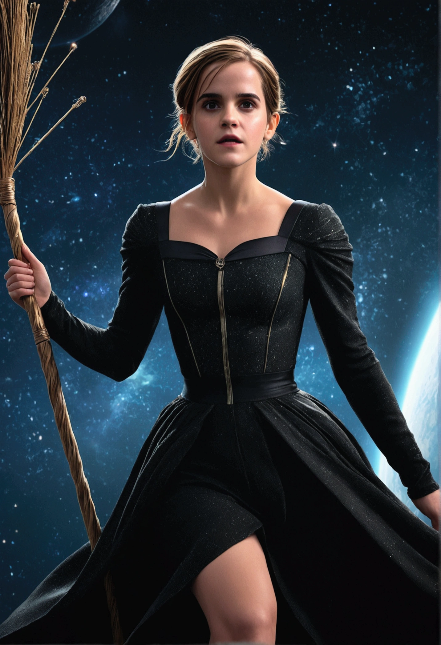 Highly detailed RAW photo of Emma Watson wearing witch dress flying in space on magical broom with horror background, dynamic pose, (wide hips), (detailed ), (detailed lips), (detailed eyes), (Sci-Fi setting) (detailed face), (curvy), detailed eyes, depth of field, soft lighting, masterpiece, best quality, intricate, (lens flare:0.7), (bloom:0.7), particle effects, raytracing, tone mapped, highly detailed, concept art, smooth, sharp focus, dramatic lighting, highly detailed artwork, cinematic, hyper realistic painting, trending on Artstation, 8K, incredible shadows, realistic, (highly detailed background:1.2), art by midjourney