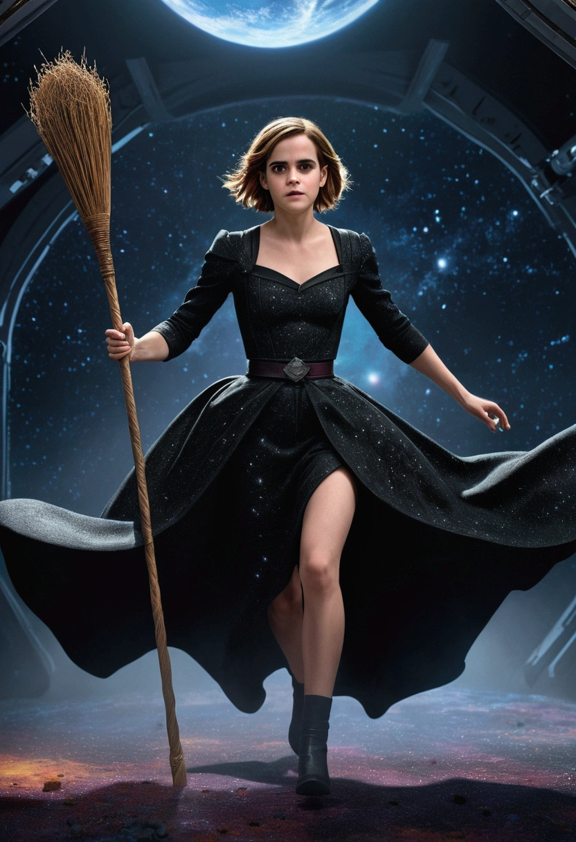 Highly detailed RAW photo of Emma Watson wearing witch dress flying in space on magical broom with horror background, dynamic pose, (wide hips), (detailed ), (detailed lips), (detailed eyes), (Sci-Fi setting) (detailed face), (curvy), detailed eyes, depth of field, soft lighting, masterpiece, best quality, intricate, (lens flare:0.7), (bloom:0.7), particle effects, raytracing, tone mapped, highly detailed, concept art, smooth, sharp focus, dramatic lighting, highly detailed artwork, cinematic, hyper realistic painting, trending on Artstation, 8K, incredible shadows, realistic, (highly detailed background:1.2), art by midjourney