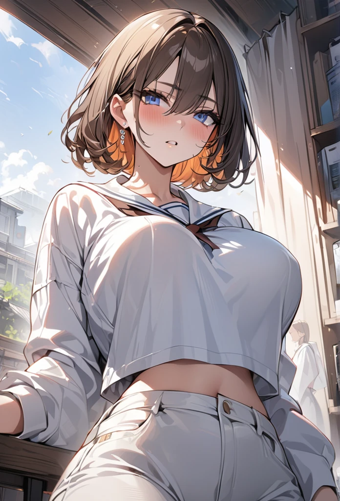 (best quality), (Super detailed), (Best Illustration), (masterpiece), score_9, score_8_up, score_7_up, (4k), (1woman), (white serafuku), (large breasts), {brown hair, (sideburns), (bob cut:1.3), curly hair, hairs between eyes, colored inner hair}, blue eyes, parted lips, expressionless, blush, earring,