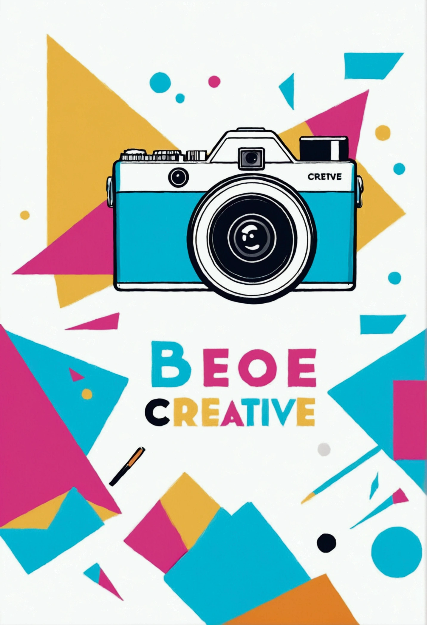 Vibrant and modern 2D flat vector art illustration featuring a sleek, minimalist camera design with clean lines and geometric shapes, with a focus on a professional graphic design aesthetic, ideal for a colorful t-shirt design, employing a bold and playful color palette with pastel hues, white background, with text "Be Creative!"