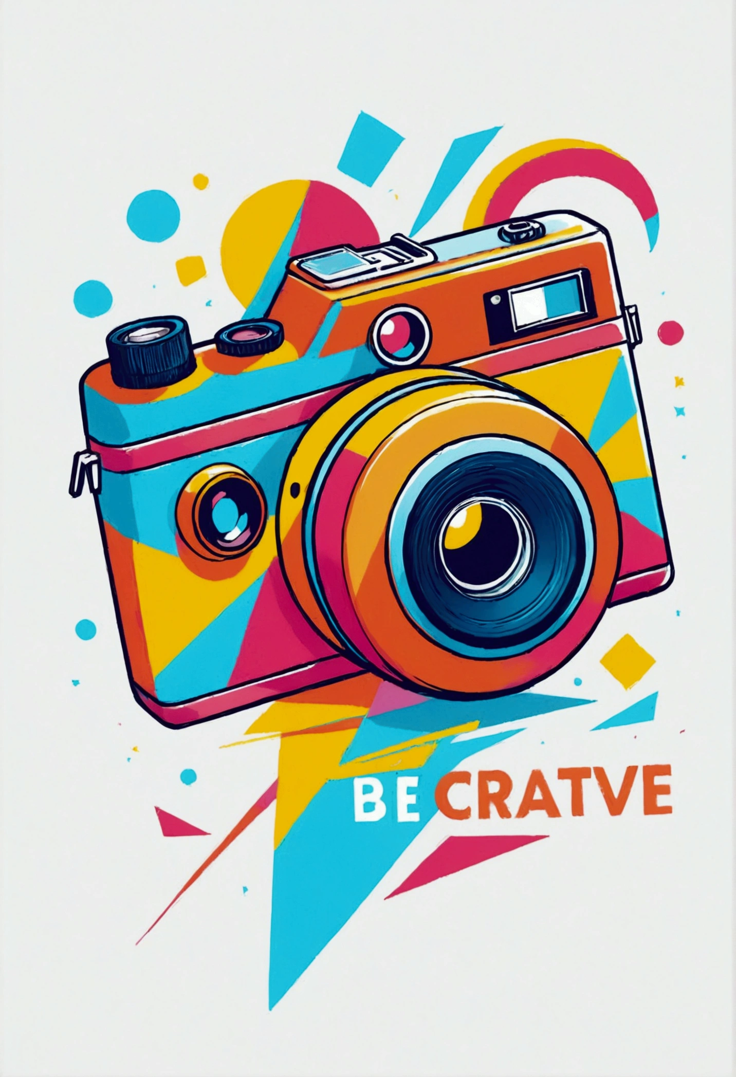 Vibrant and modern 2D flat vector art illustration featuring a sleek, minimalist camera design with clean lines and geometric shapes, with a focus on a professional graphic design aesthetic, ideal for a colorful t-shirt design, employing a bold and playful color palette with pastel hues, white background, with text "Be Creative!"