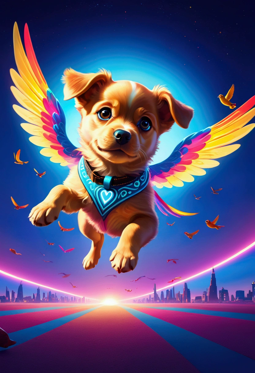 (Flying Puppy, sky), Fauvism style, neon light, vibrant colors, soft shadows, cinematic lighting, high resolution, high details, octane rendering, volumetric lighting, global illumination, tone mapping, wide angle, full body, award-winning, cinematic still, emotional, vignette, dynamic, vivid, (masterpiece, best quality, Professional, perfect composition, very aesthetic, absurdres, ultra-detailed, intricate details:1.3)