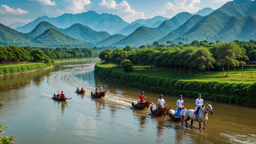 The background is mountains, a beautiful river, men and women on white horses, traditional Thai costumes.3D Full HD
