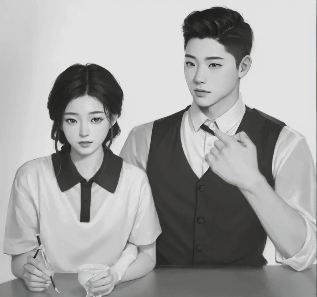 There are black and white photographs of men and women., Artwork in the style of gouache, High quality fan art, Inspired by Sim Sa Jung, Inspiration from Xiao Yunkong, Couple poses, Realistic art style, Inspiration from Kim Deuksin, Inspired by Russell Dongjun Lu, Inspiration from Yan Juncheng, digital sketch, Inspiration from Wang Lue