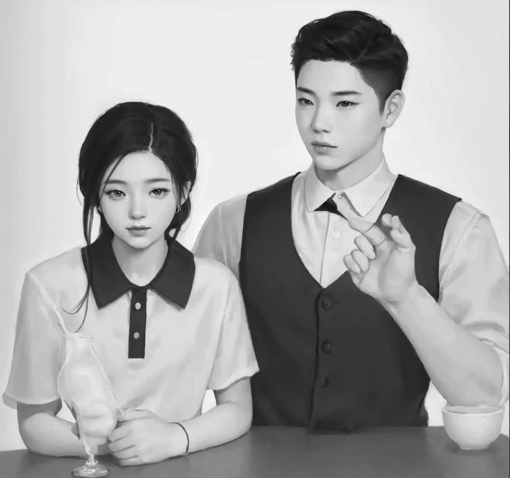 There are black and white photographs of men and women., Artwork in the style of gouache, High quality fan art, Inspired by Sim Sa Jung, Inspiration from Xiao Yunkong, Couple poses, Realistic art style, Inspiration from Kim Deuksin, Inspired by Russell Dongjun Lu, Inspiration from Yan Juncheng, digital sketch, Inspiration from Wang Lue