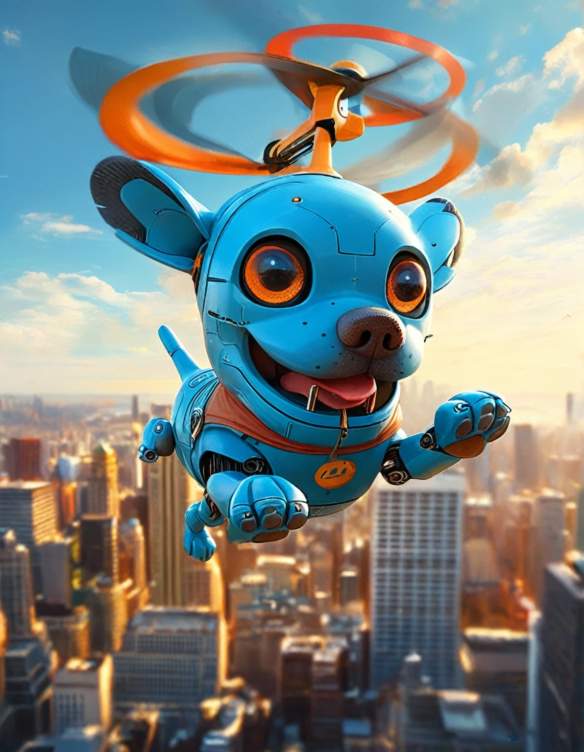 Imagine a friendly blue robot dog，Big eyes，There is a pouch on the belly。This dog has the ability to pull magical gadgets out of his pouch。It has short, stubby limbs and a small red nose.。This dog flies through the sky using a propeller that deploys from its head，As it soars over the bustling modern cityscape，It has a smile on its face，The city is full of tall skyscrapers。Clear sky，The warm sunshine bathes the city below。