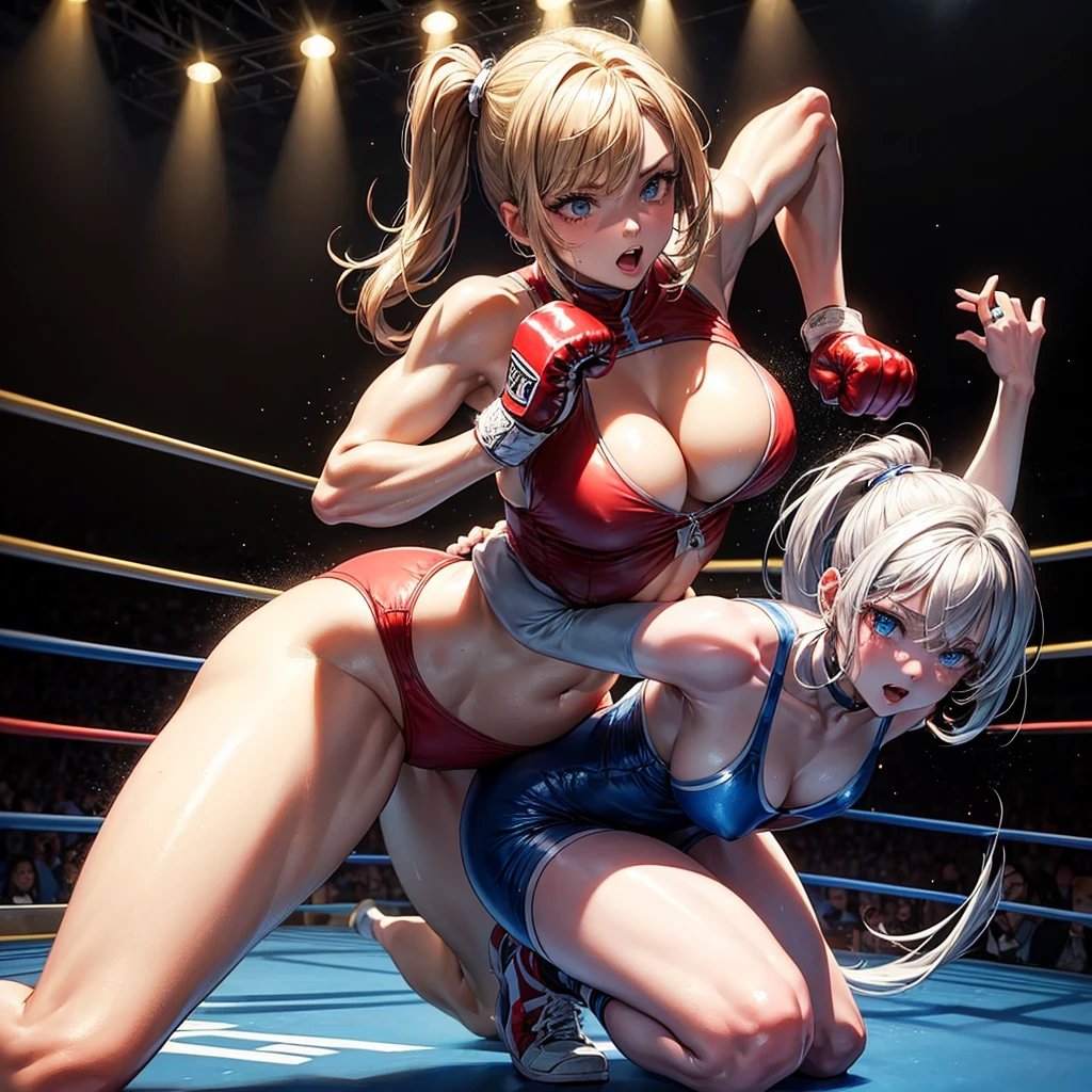 (masterpiece, best quality, ultra detailed), 2girl, wrestling, ring, fight, joint technique