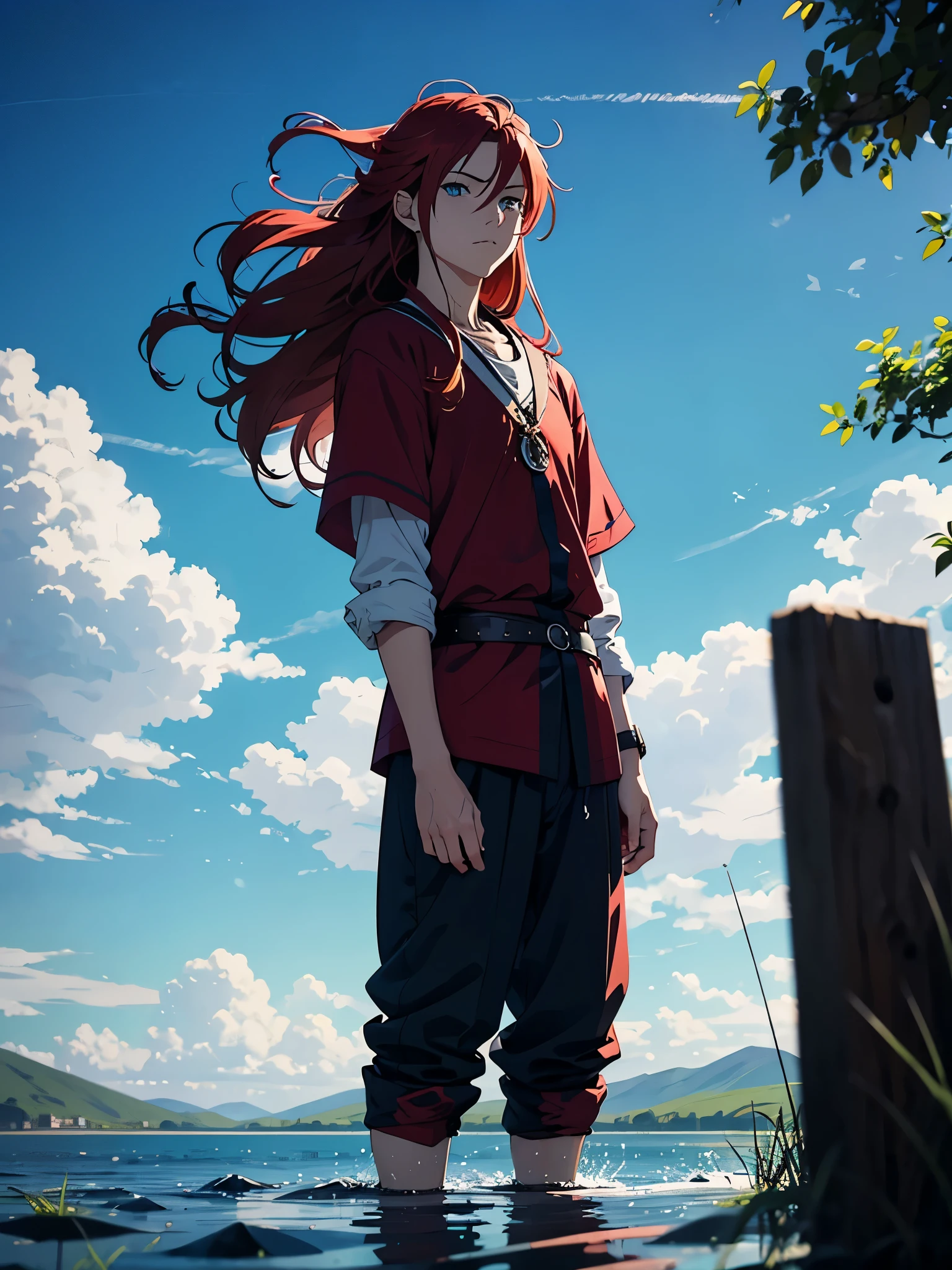 Viking. More anime style. blue flames. 2d. flatter. anime style. Viking clothing. soft. More anime. Standing in a lake. More anime. More 2d. Clean. More anime. 2d. Glow. Red hair. More anime. male. Long hair. long red hair. boy, vikings. red hair. Blue eyes. fire. 