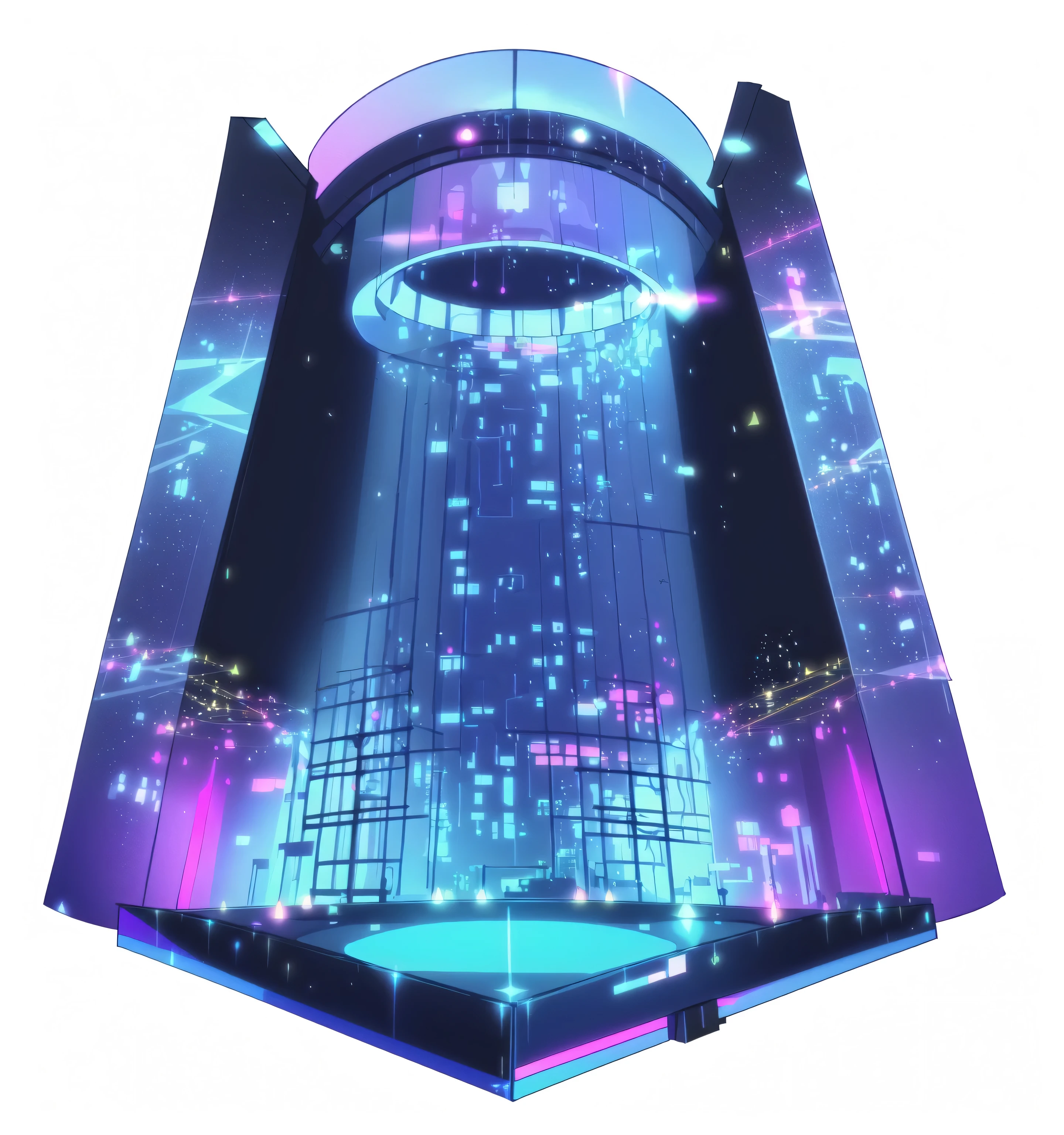 Close-up of stage with musical notes, Anime style，ethereal Holographic Center, Vaporwave lighting, Futuristic Tower, Vaporwave lighting style, Huge Hologram, New Tokyo Source, Holographic Center, Futuristic Background, Futuristic decoration, Rainbow Cybernetic Processor, hologram, Nightclub, Holographic projection, Vapor Wave Light