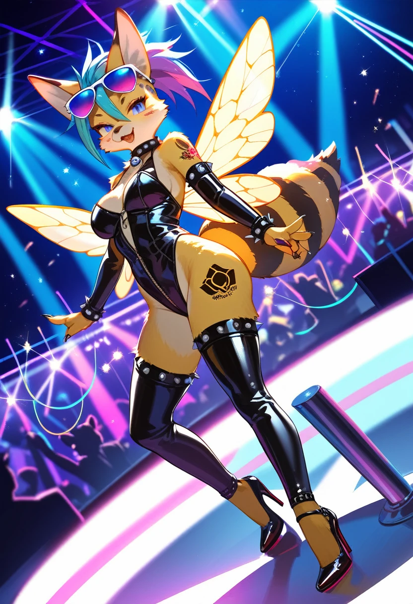Highest quality, Highest quality, High quality illustrations, masterpiece, Ultra-high resolution, Detailed Background, club, Disco, Absurd, Perfect Anatomy, performance, Good lighting, Shadows in the movies(kemono, Furry Personifi猫ion), bee, latex, neon, neonカラー, cyber punk, 蜜beeの衣装, 蜜beeコスプレ, ラバーの蜜beeの尻尾, Bee Wings, enamel, sunglasses, Tattoo, High heels, Dynamic Angle