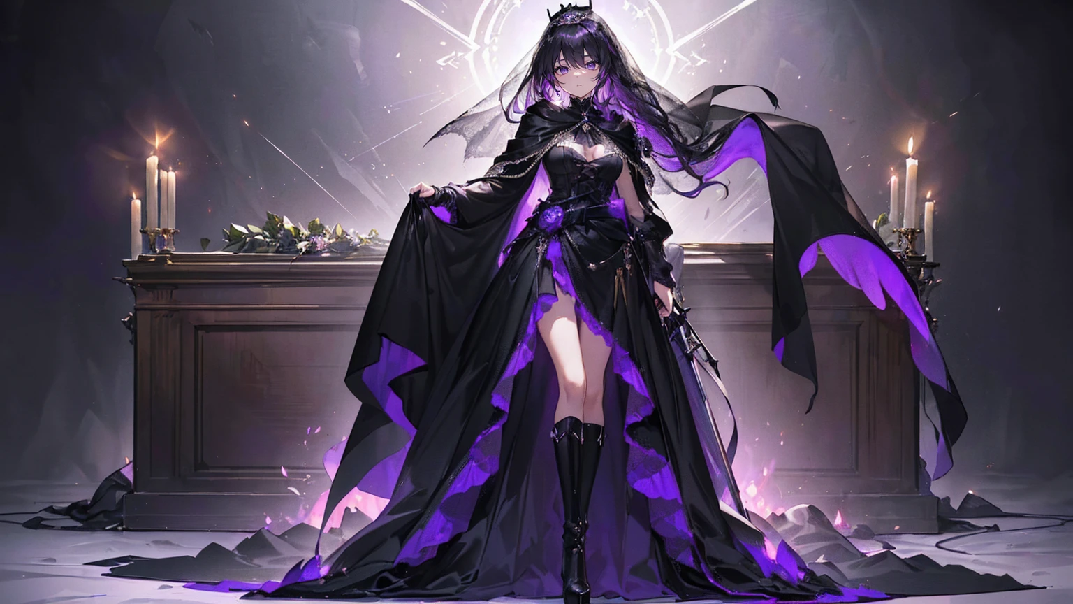(Super detailed)),((illustration)),((masterpiece)),(((need))),((fine、Highest quality CG Unity 8K wallpapers,masterpiece),((4K,masterpiece,best quality)),Black hair queen,Waist-length hair,Royal sister,Sexy,Tall figure,Lilac eyes,Standing upright in a coffin,mummy,The whole body is wrapped in bandages,Limbs wrapped in bandages,There is a coffin beside him,Mature,Hair Bunch,Hair tied on both sides,Black and purple French vintage clothing,Gorgeous pure black cape,Black veil,Purple-white halo,Black purple boots,Wearing a crown on the head,Holding a knight's sword,pyramid,Emitting dim purple light,Brilliant palace,Mysterious symbols,individual,Emit a dim light,Full body picture