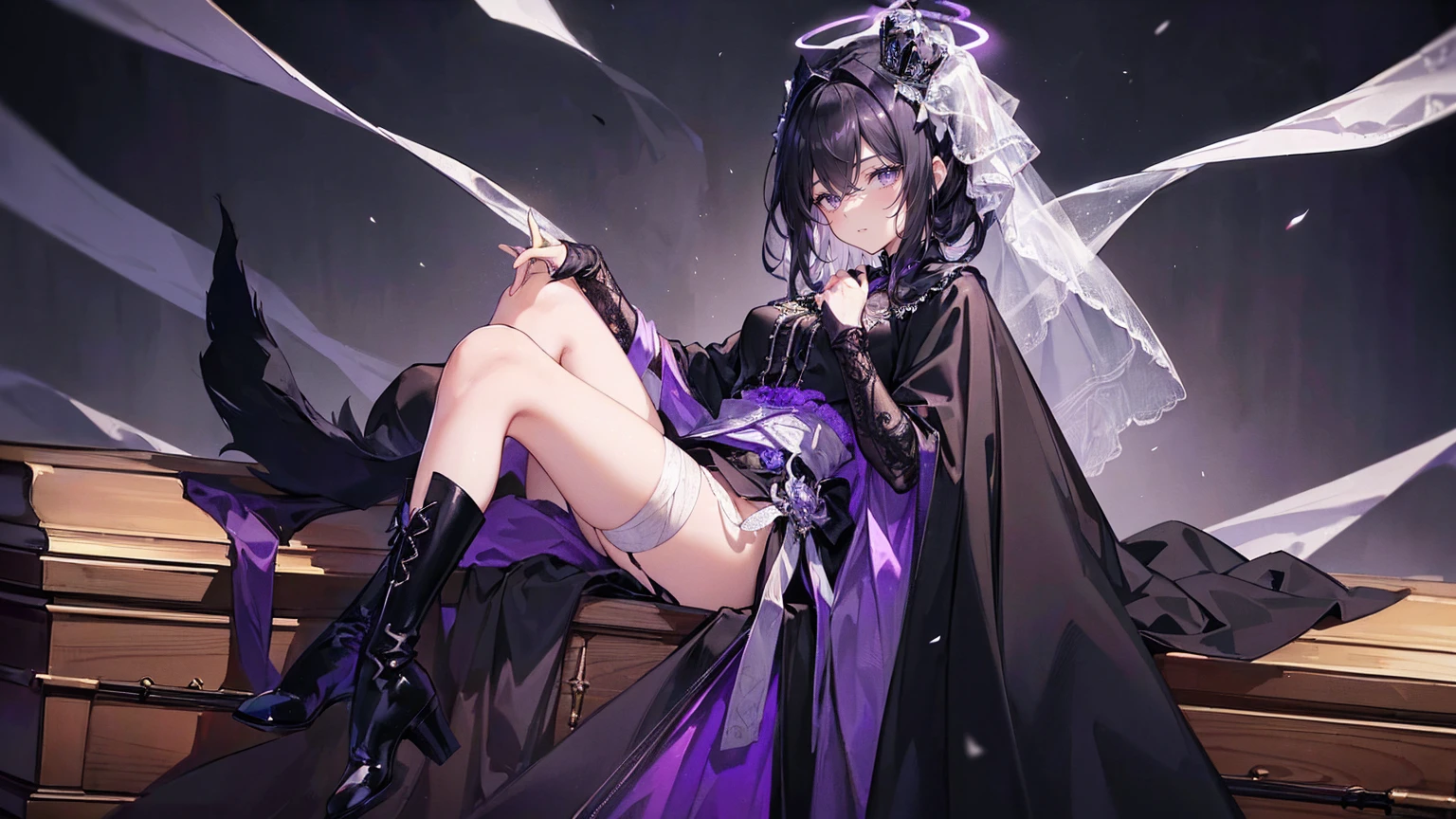 (Super detailed)),((illustration))，((masterpiece)),(((need))),((fine、Highest quality CG Unity 8K wallpapers，masterpiece），（（4K，masterpiece，best quality）），Black hair queen，Waist-length hair，Royal sister，Sexy，Tall figure，Lilac eyes，Standing upright in a coffin，mummy，The whole body is wrapped in bandages，Limbs wrapped in bandages，There is a coffin beside him，Mature，Hair Bunch，Hair tied on both sides，Black and purple French vintage clothing，Gorgeous pure black cape，Black veil，Purple-white halo，Black purple boots，Wearing a crown on the head，Holding a knight&#39;s sword，pyramid，Emitting dim purple light，Brilliant palace，Mysterious symbols,individual，Emit a dim light，Full body picture