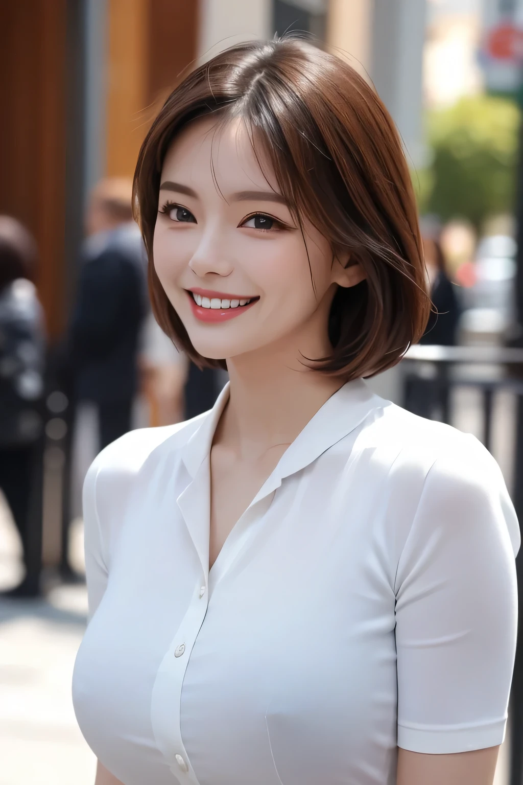 ((masterpiece)), ((Highest quality)), ((Complex)), ((Surreal)), (Realistic), (Mature Woman), ((No classes)), Very detailed, (1 female), Beautiful and exquisite, (Beautiful Teeth), Grin, Brunette bob hair, Brown eyes, ((blouse)), (Upper Body), (background:none), Perfect Eyes, Captivating eyes, Looking at the audience