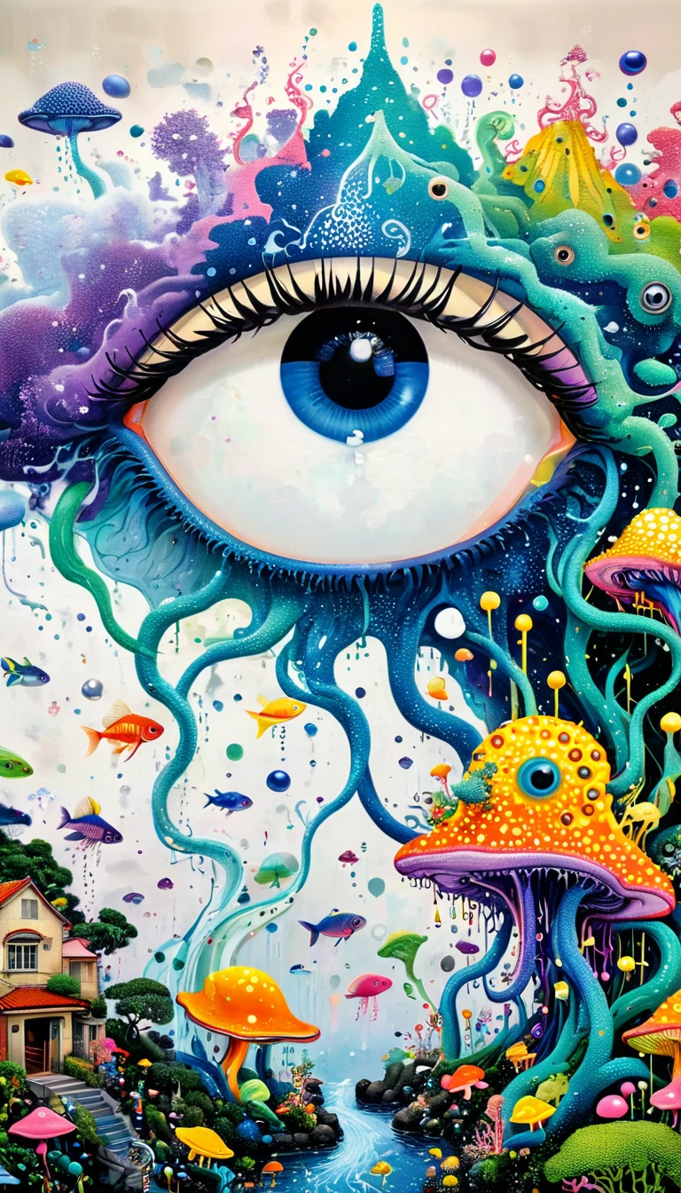 Weird graffiti,Strong visual fusion of multiple elements,Broto,来自Star的艺术家,Dopamine color scheme,house、Eye、pearl珠帘、pearl、Star、cloud、fish、Spore powder、ocean、rain、Tentacles,Describing the inner world of autistic people,密集Pointillism method。Smooth lines。interesting,Strange illustration。Pointillism method。Strong contrast。Award-winning works。