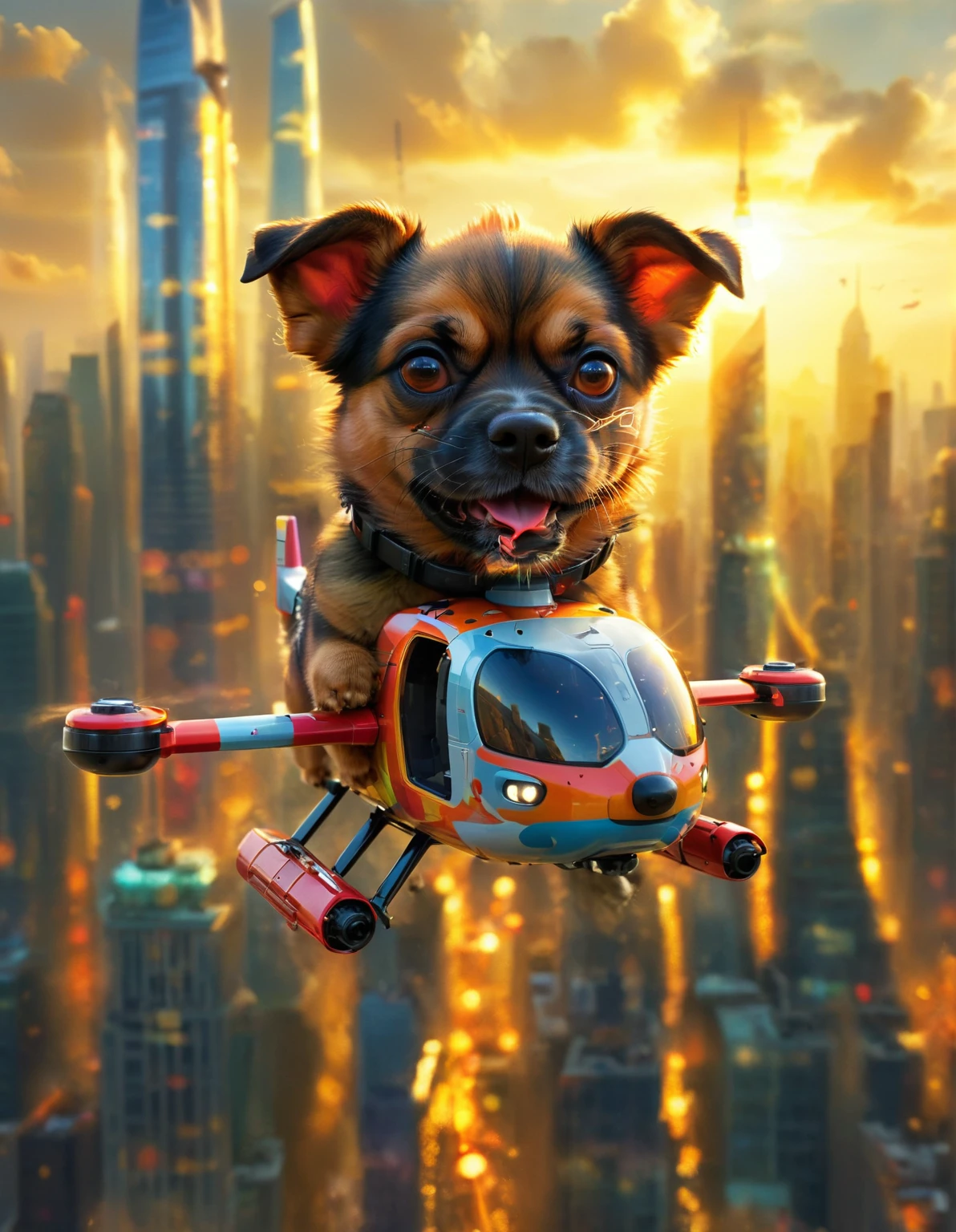 Imagine a friendly blue robot dog，Big eyes，There is a pouch on the belly。This dog has the ability to pull magical gadgets out of his pouch。It has short, stubby limbs and a small red nose.。This dog flies through the sky using a propeller that deploys from its head，As it soars over the bustling modern cityscape，It has a smile on its face，The city is full of tall skyscrapers。Clear sky，The warm sunshine bathes the city below。