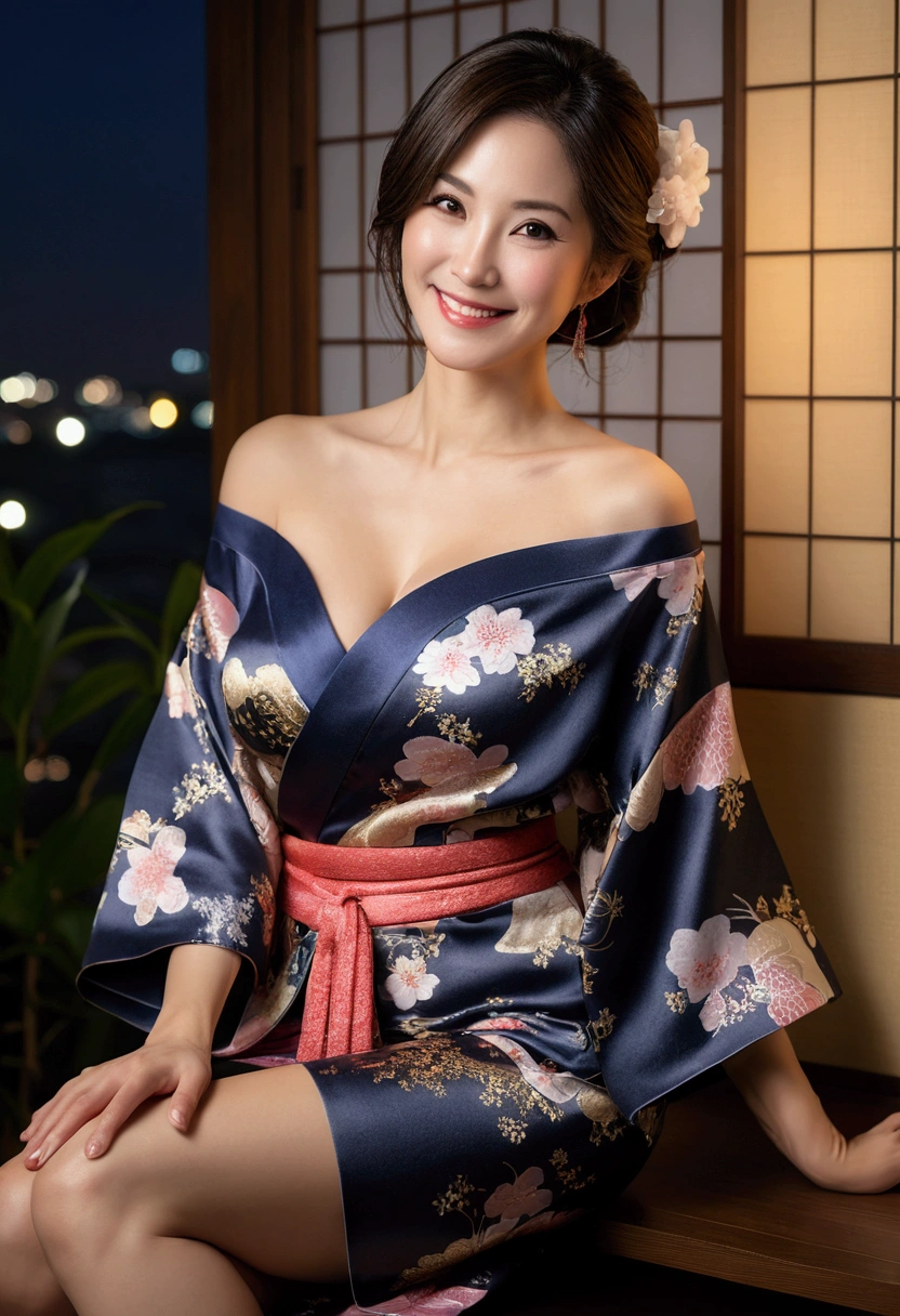 ((night, Real Light, Highest quality, 8k, masterpiece: 1.3)), 45-year-old woman, Beautiful woman, Slim figure: 1.4, (Dark brown hair), (Off the shoulder), (kimono)), ((Cleavage)), ((美しいkimono)), (night), Highly detailed face and skin texture, (Sitting), (((smile))),(((Leaning forward))