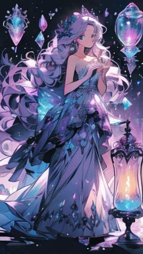 Fairy, purple lamp, haunting, mysterious, psychedelic, dark gray dress with rainbow crystals, bioluminescent path, candles, briar, roses, thorns, pastel scatter light, glass hour