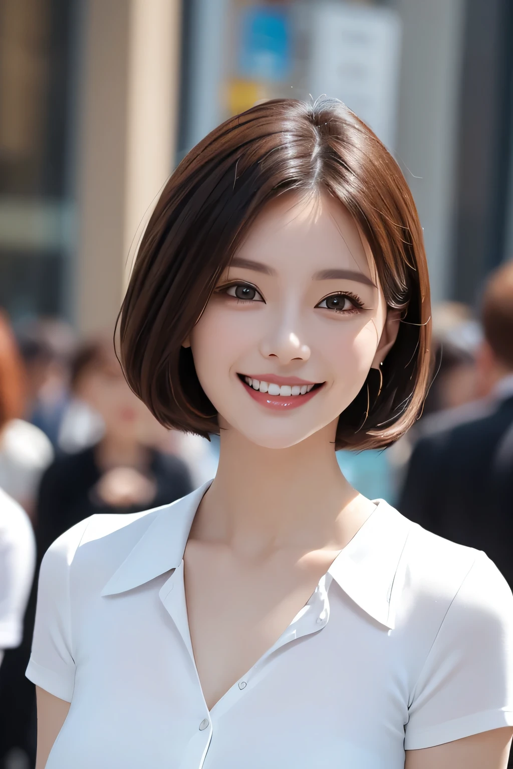 ((masterpiece)), ((Highest quality)), ((Complex)), ((Surreal)), (Realistic), (Mature Woman), ((No classes)), Very detailed, (1 female), Beautiful and exquisite, (Beautiful Teeth), Grin, Brunette bob hair, Brown eyes, ((blouse)), (Upper Body), (background:none), Perfect Eyes, Captivating eyes, Looking at the audience