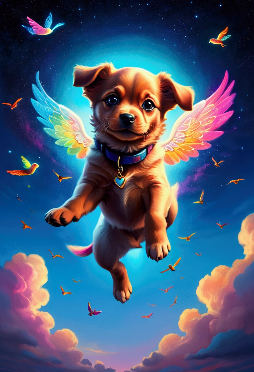 (Flying Puppy), sky, Stunning illustration, glowing in the dark with colorful multi-colored light, in the style of pop surrealist artist, fine art, full body, award-winning, cinematic still, emotional, vignette, dynamic, vivid, (masterpiece, best quality, Professional, perfect composition, very aesthetic, absurdres, ultra-detailed, intricate details:1.3)