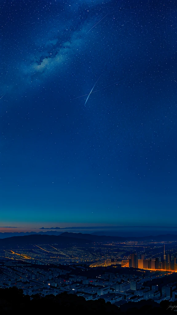 octane, sky, star (sky), landscape, starry sky, night, only , night sky, solo, outdoor, signature, building, clouds, milky way, sitting, tree, long hair, city, silhouette, cityscape