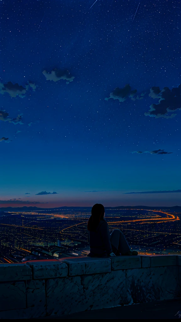octane, sky, star (sky), landscape, starry sky, night, only , night sky, solo, outdoor, signature, building, clouds, milky way, sitting, tree, long hair, city, silhouette, cityscape