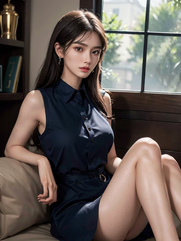 (absurdres, RAW photo, extremely delicate and beautiful, masterpiece, Best Quality, ultra high resolution, 32k, hyperrealistic, ultra-detailed, perfect anatomy, anatomically correct:1.2), perfect figure, Perfect Style, Perfect balance, super Detailed skin, in her 30s, very Slim body, narrow waist, very small head, very small face, delicate facial features, handsome detailed woman, very detailed eyes and face, realistic face proportions, Realistic beautiful face, Realistic beautiful eyes, tearful mole, earring, very huge round tits, (full body shot:1.2), (whole legs:1.2), medium hair, dark blonde hair, asymmetrical hair, indoor, (collared navy button shirt dress:1.2), (sleeveless:1.2),