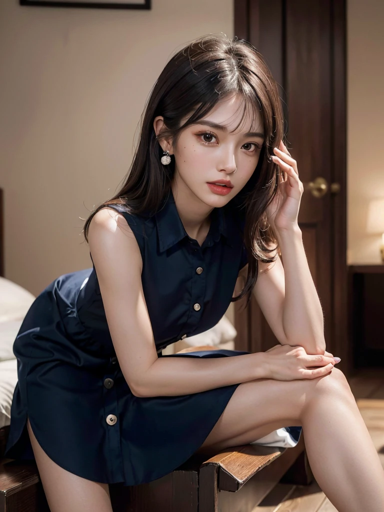(absurdres, RAW photo, extremely delicate and beautiful, masterpiece, Best Quality, ultra high resolution, 32k, hyperrealistic, ultra-detailed, perfect anatomy, anatomically correct:1.2), perfect figure, Perfect Style, Perfect balance, super Detailed skin, in her 30s, very Slim body, narrow waist, very small head, very small face, delicate facial features, handsome detailed woman, very detailed eyes and face, realistic face proportions, Realistic beautiful face, Realistic beautiful eyes, tearful mole, earring, very huge round tits, (full body shot:1.2), (whole legs:1.2), medium hair, dark blonde hair, asymmetrical hair, indoor, (collared navy button shirt dress:1.2), (sleeveless:1.2),