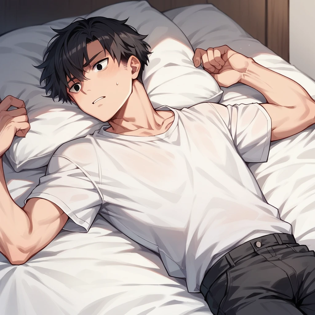 Strong Japanese boy , Black short hair, black eyes, Resolute expression, With white short-sleeved trousers, whole body, Lying on the big white bed