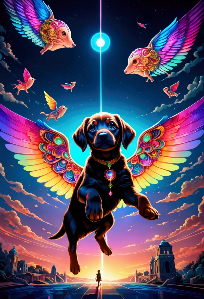(Flying Puppy), sky, Explore the Enchanted Enclave with (clouds), a hidden sanctuary where flora and fauna coexist in perfect harmony, creating a magical realm untouched by time, full body, award-winning, cinematic still, emotional, vignette, dynamic, vivid, (masterpiece, best quality, Professional, perfect composition, very aesthetic, absurdres, ultra-detailed, intricate details:1.3)