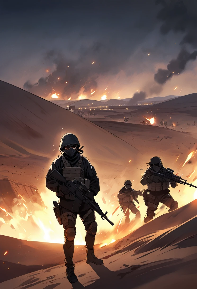 Masked Terrorists, soldiers, black terrorists, war, desert, night, blood, sandstorm 