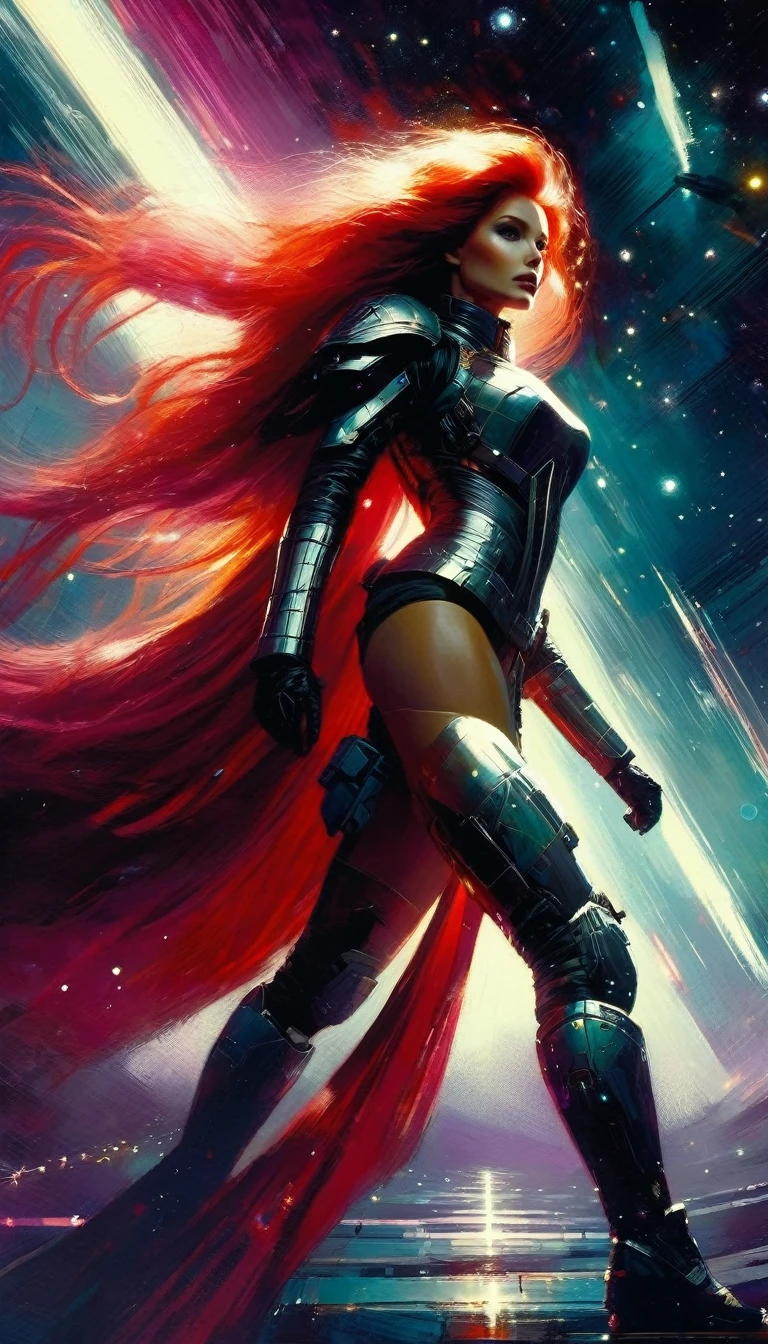 ((Best quality, 8k, Masterpiece: 1.3)), Sharp focus: 1.2, portrait, small breasts, A beautiful, adult cyberpunk red-haired woman in cyberpunk armor: 1.2, very long red hair flying around the image, very small breasts, ((Layered haircut, red hair, very long flowing hair, )), ((dark scene)), ((dim light)) skyscape, Stars and nebulae, Bright moonlight, Exploring the Cosmos (art inspired by Bill Sienkiewicz). oil painting)