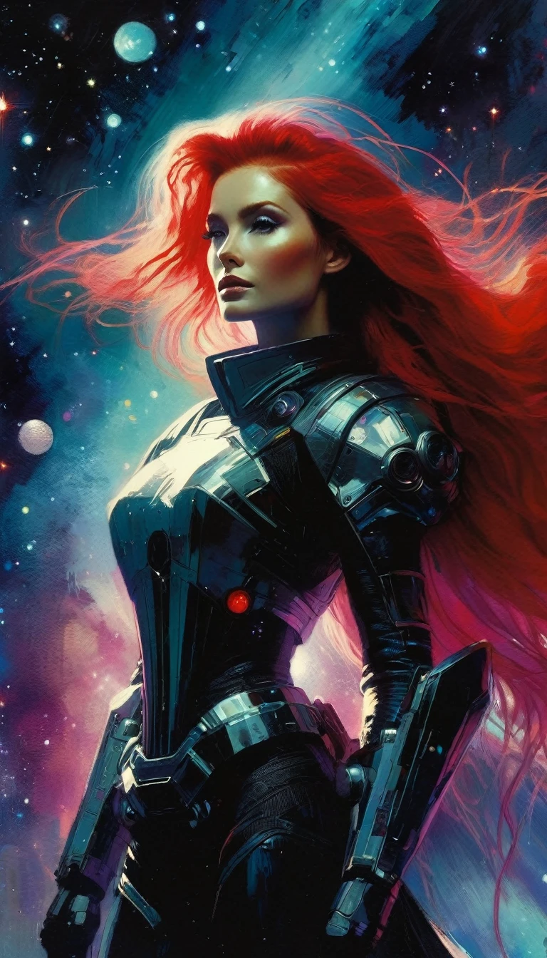 ((Best quality, 8k, Masterpiece: 1.3)), Sharp focus: 1.2, portrait, small breasts, A beautiful, adult cyberpunk red-haired woman in cyberpunk armor: 1.2, very long red hair flying around the image, very small breasts, ((Layered haircut, red hair, very long flowing hair, )), ((dark scene)), ((dim light)) skyscape, Stars and nebulae, Bright moonlight, Exploring the Cosmos (art inspired by Bill Sienkiewicz). oil painting)