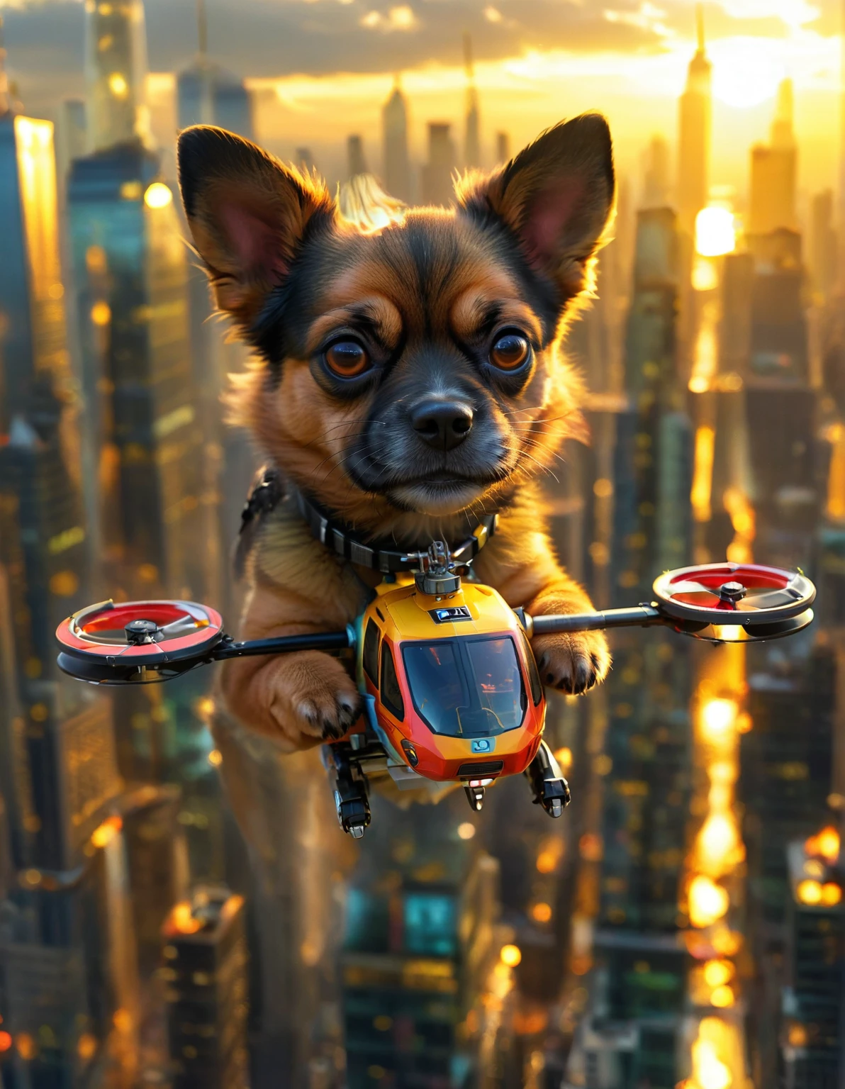 Imagine a dog with an angry and mischievous expression. This canine is at the helm of a futuristic, non-violent, brightly colored toy helicopter, skillfully maneuvering over a compact, yet towering cityscape of unpopulated skyscrapers. Despite the look on the dog's face, there are no signs of violence or harm. The skyscrapers are lit vibrantly, giving an illusion of flames, reflecting off their glassy exteriors under the golden sunset. The entire scenario possesses an uncanny, cartoon-like quality, establishing a surreal and whimsical ambience.