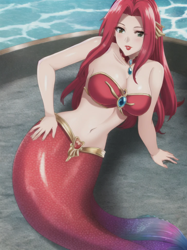 mermaid, solo, long hair, red lips, red hair, mermaid tail below waistline, red mermaid tail, 